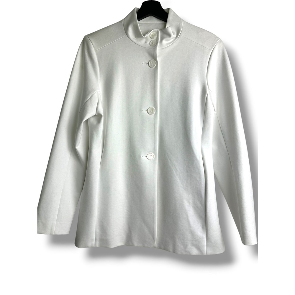 Sympli White Ponte Knit Stand Up Collar Button Front Blazer Womens 10